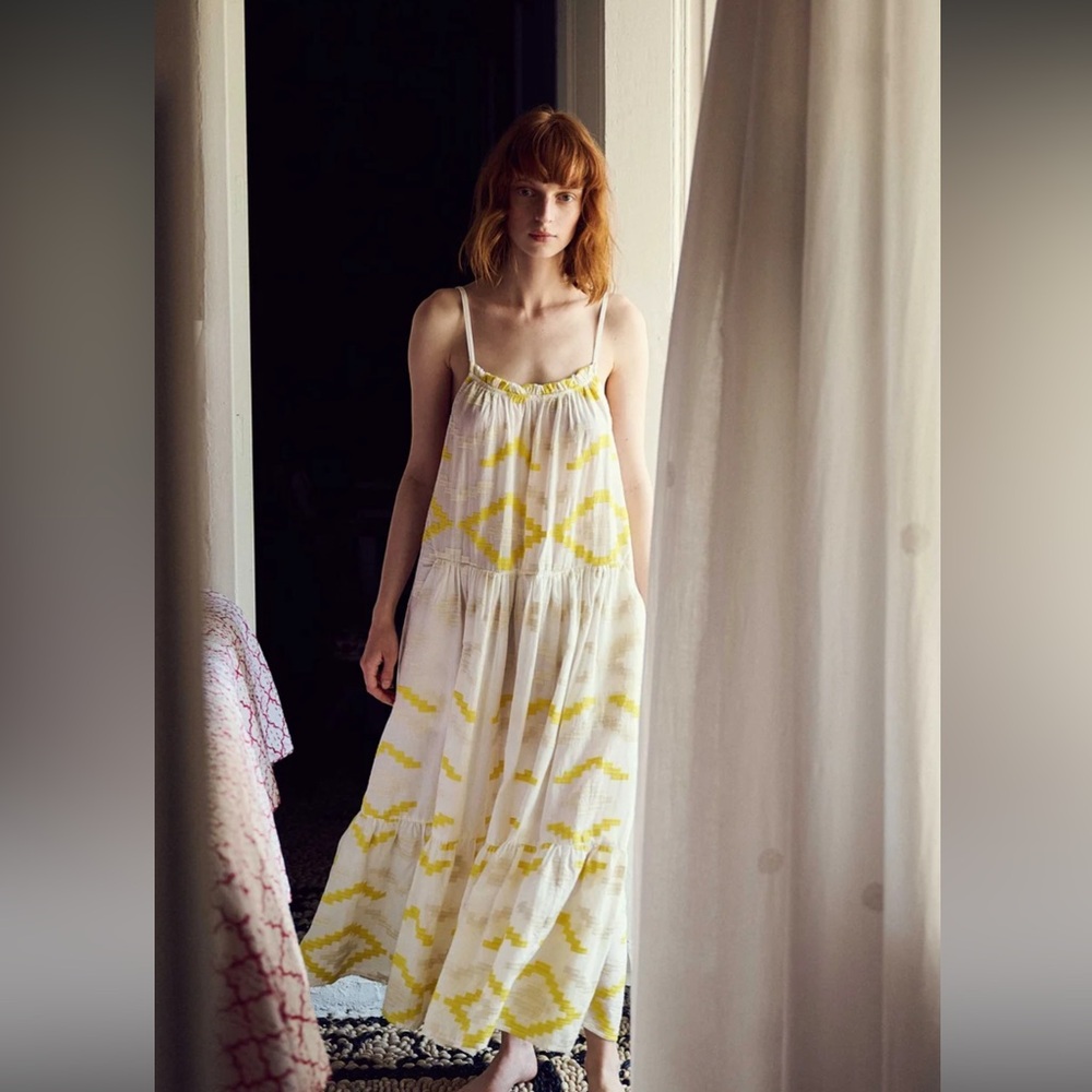 Greek Archaic Kori Rhombus Embroidered Cotton Sun Dress‎ Size Medium